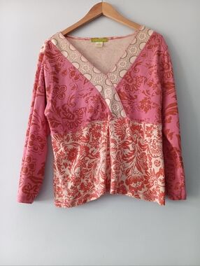 Sigrid Olsen Pink Floral V Neck Top XL Sequin Detail Long Sleeve Blouse